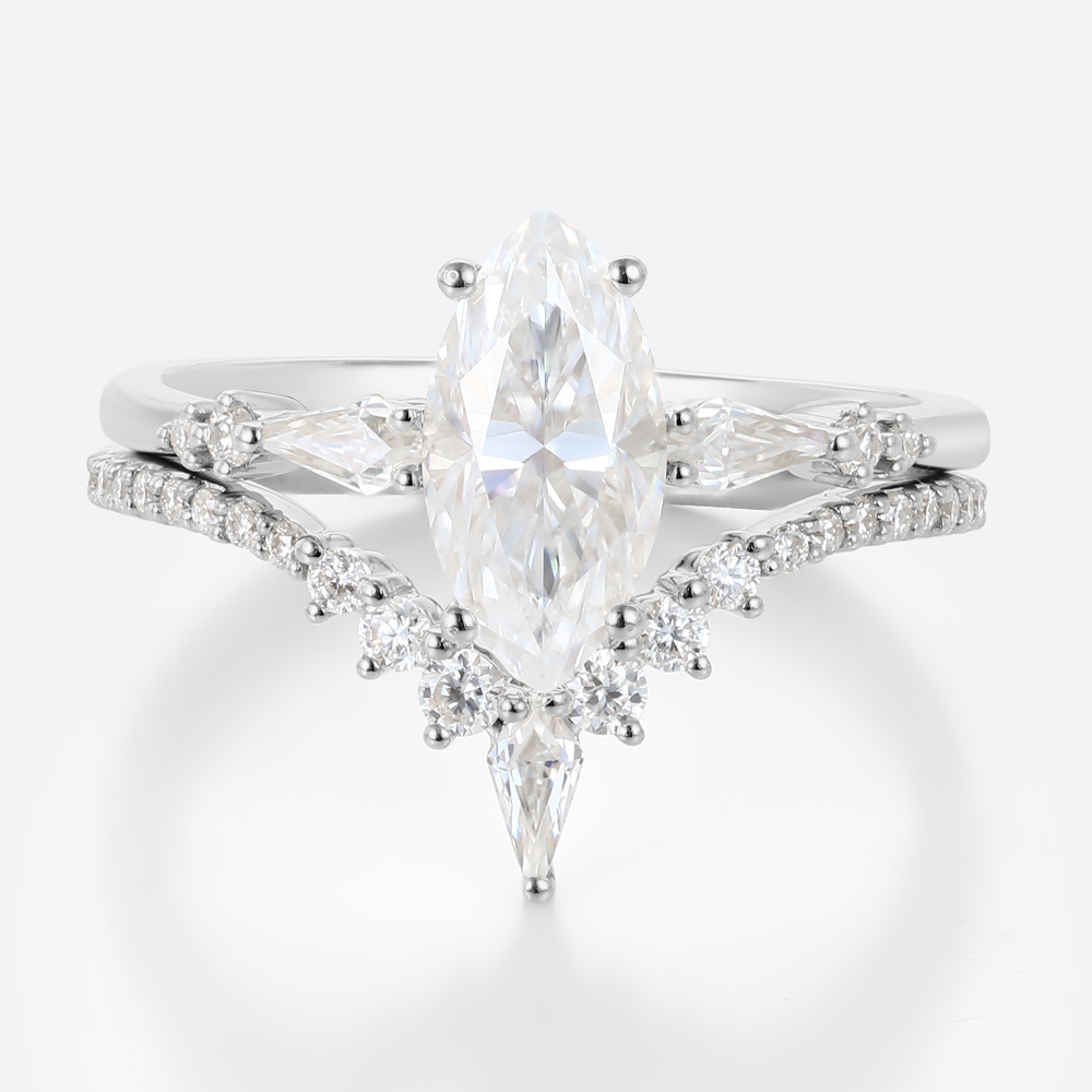 Marquise Moissanite Wedding Ring Sets Unique V-Band Stacking Set in White Gold