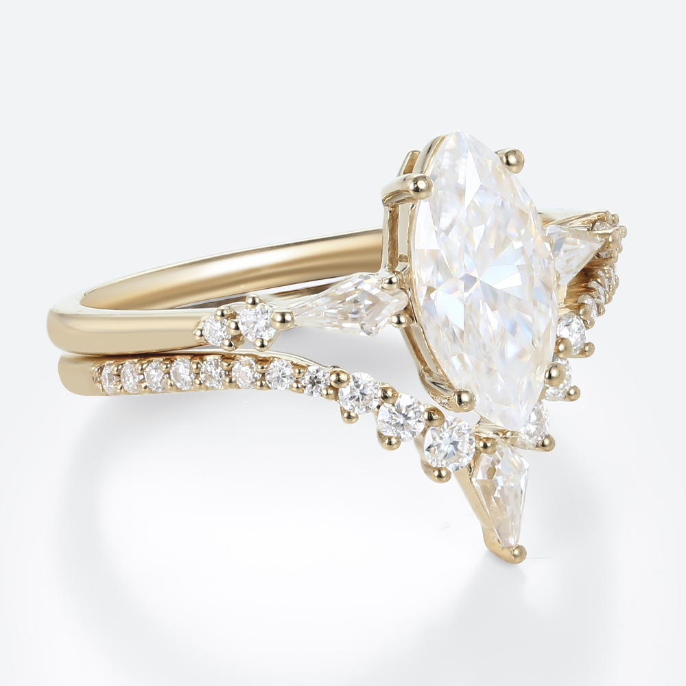 Marquise Moissanite Wedding Ring Sets Unique V-Band Stacking Set in Yellow Gold