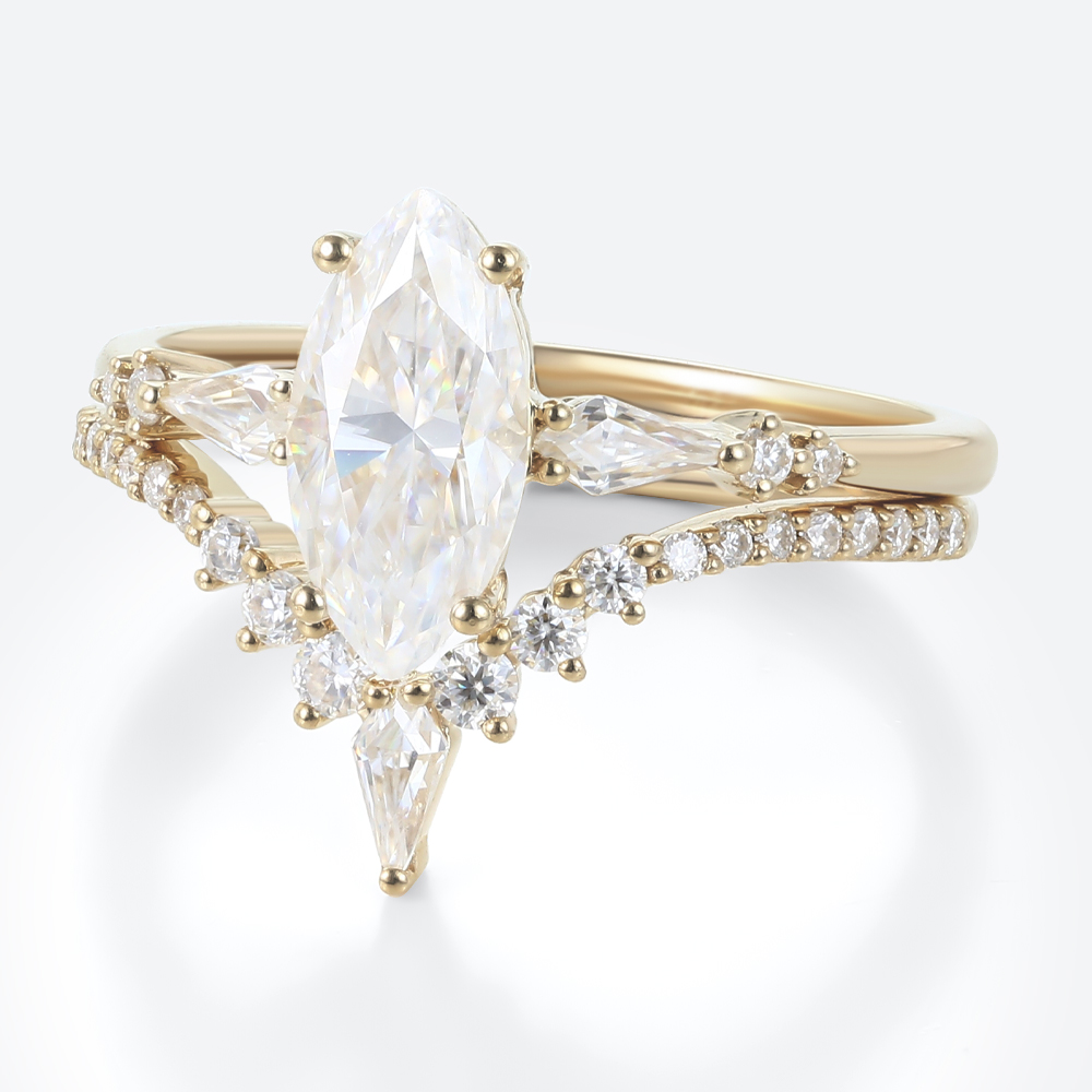 Marquise Moissanite Wedding Ring Sets Unique V-Band Stacking Set in Yellow Gold