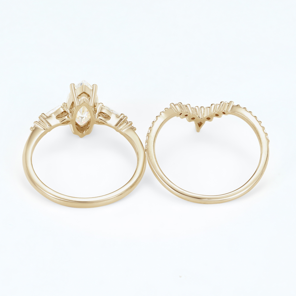 Marquise Moissanite Wedding Ring Sets Unique V-Band Stacking Set in Yellow Gold