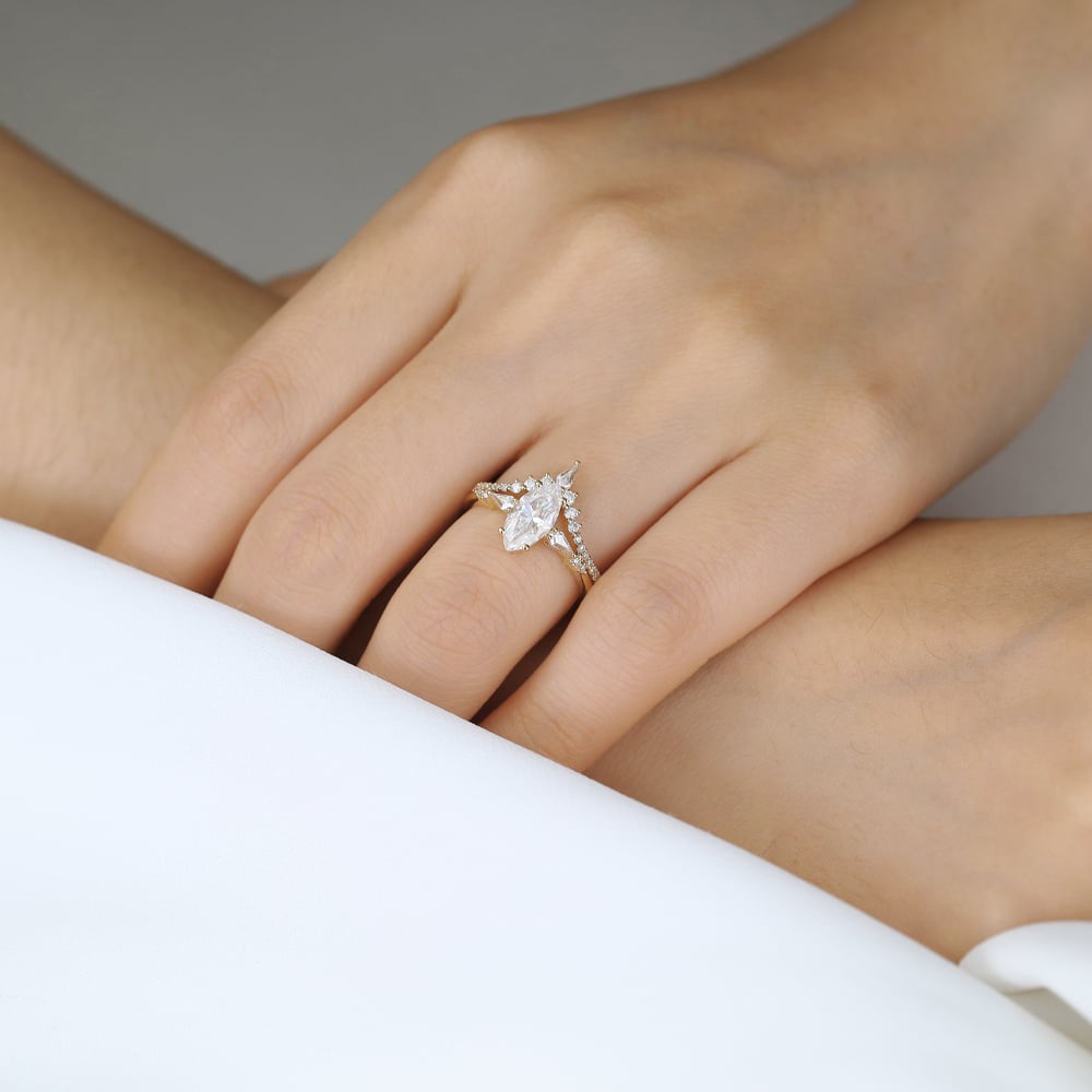 Marquise Moissanite Wedding Ring Sets Unique V-Band Stacking Set in Yellow Gold