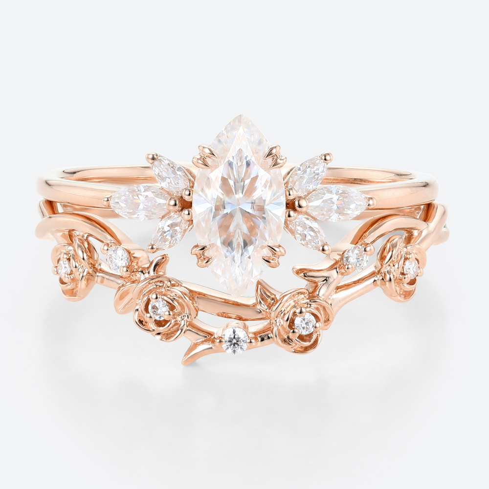 1CT Marquise Cut Moissanite Ring Set with Vintage Floral Curved Wedding Band in Rose Gold
