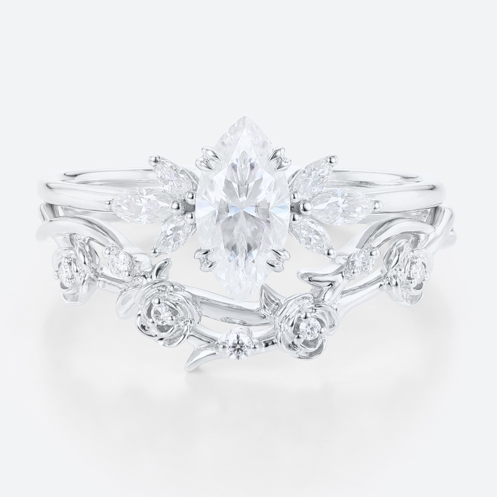 1CT Marquise Cut Moissanite Ring Set with Vintage Floral Curved Wedding Band in White Gold