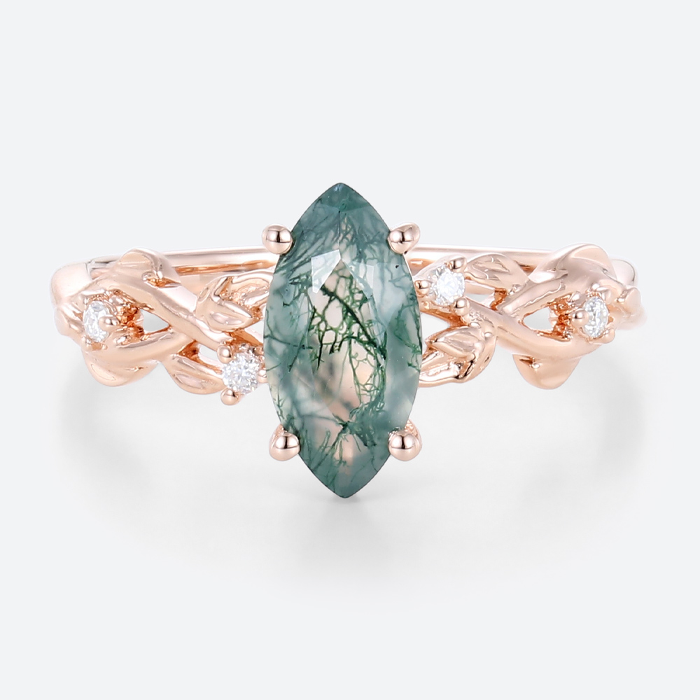 Wedding Band for Marquise Ring Moss Agate Ring Gold Rose Gold Ring Jewelry