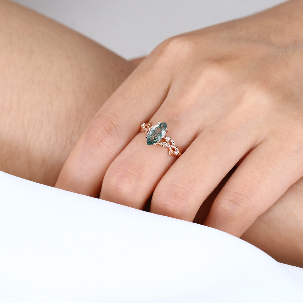 Wedding Band for Marquise Ring Moss Agate Ring Gold Rose Gold Ring Jewelry