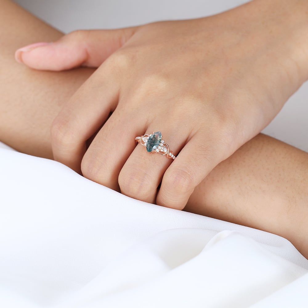 0.9ct Infinity Moss Agate Engagement Ring​ Marquise 3/4 Twisted Band in Rose Gold