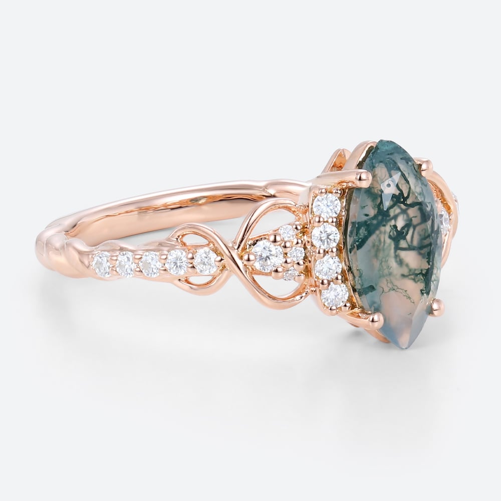 0.9ct Infinity Moss Agate Engagement Ring​ Marquise 3/4 Twisted Band in Rose Gold