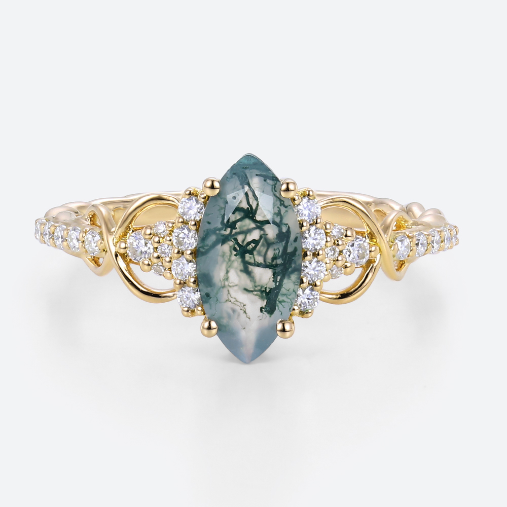 0.9ct Infinity Moss Agate Engagement Ring Marquise 3/4 Twisted Band in Rose Gold