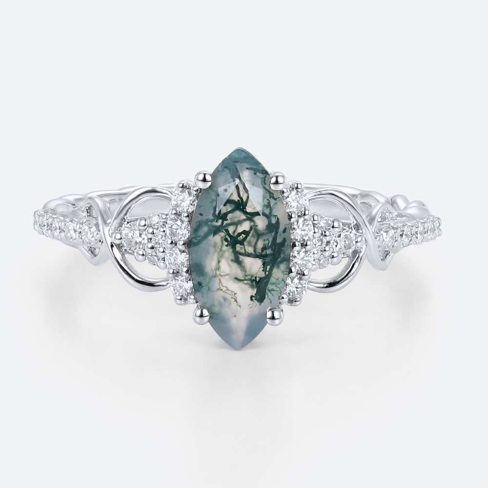 0.9ct Infinity Moss Agate Engagement Ring Marquise 3/4 Twisted Band in Rose Gold