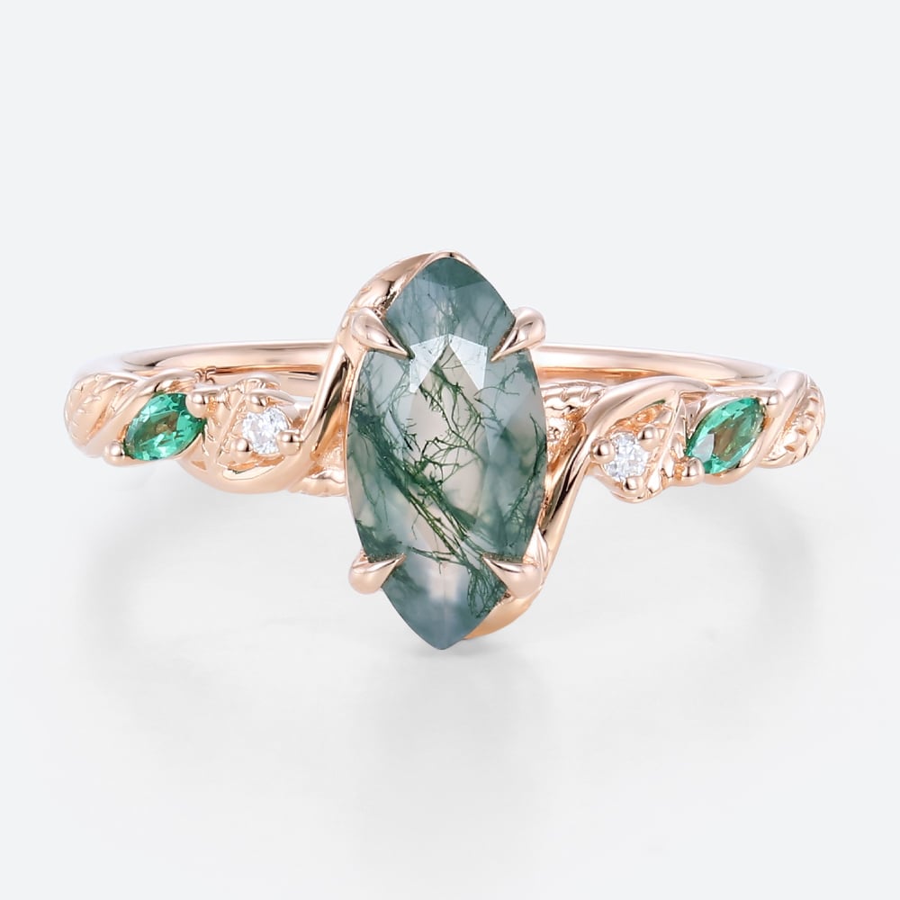 Unique Marquise Engagement Ring Rose Gold Moss Agate Ring