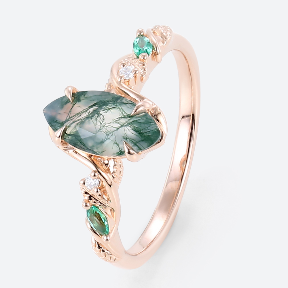 Unique Marquise Engagement Ring Rose Gold Moss Agate Ring