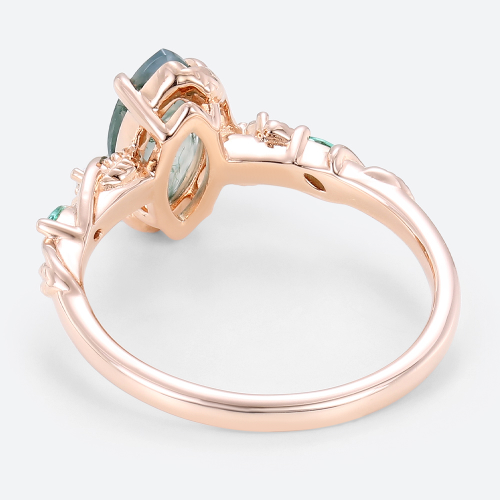 Unique Marquise Engagement Ring Rose Gold Moss Agate Ring