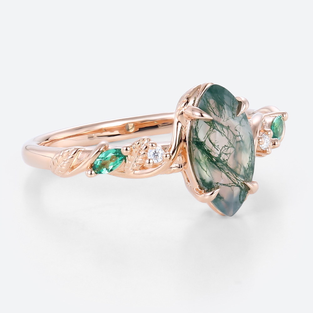 Unique Marquise Engagement Ring Rose Gold Moss Agate Ring