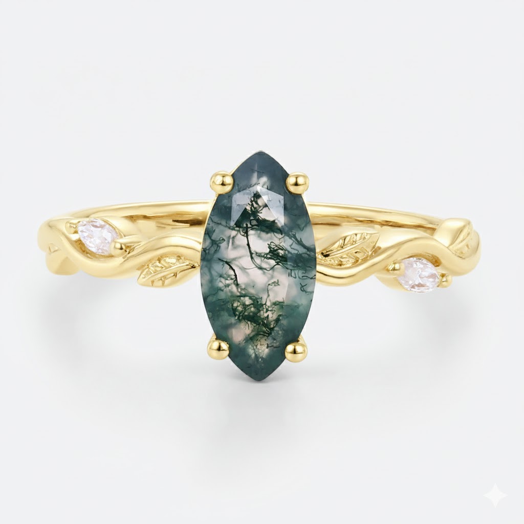 1ct Moss Agate Engagement Ring Marquise Cut Vine Leaf​ Bridal Ring in Yellow Gold