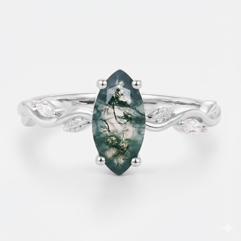1ct Moss Agate Engagement Ring Marquise Cut Vine Leaf​ Bridal Ring in White Gold