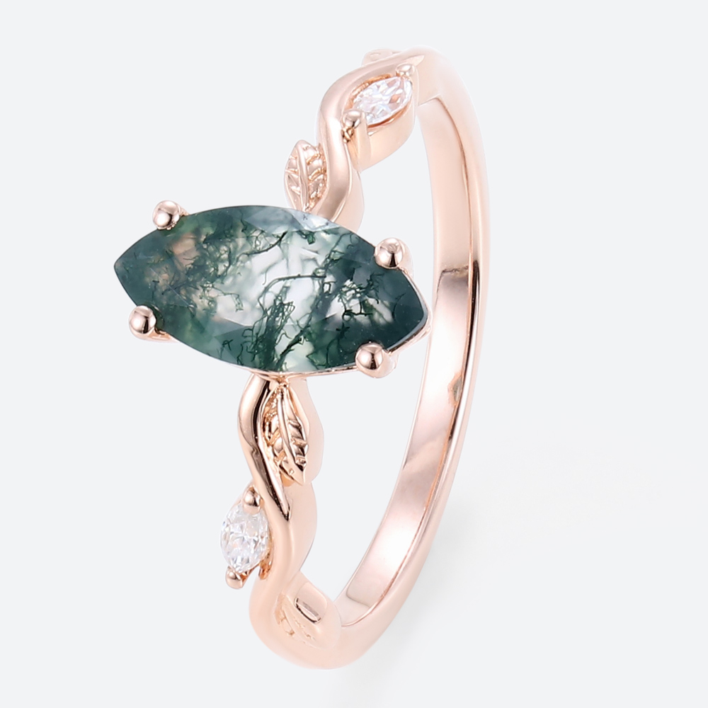 1ct Moss Agate Engagement Ring Marquise Cut Vine Leaf​ Bridal Ring in Rose Gold