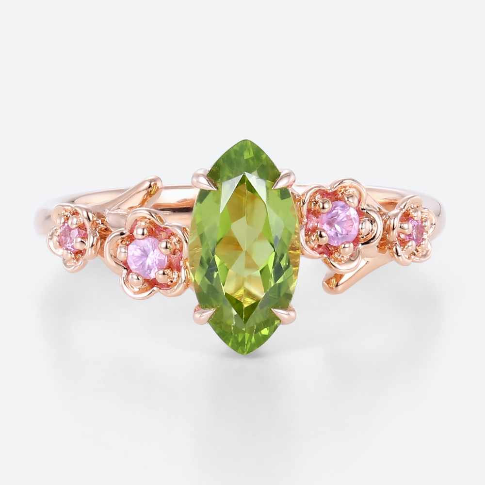 Gold Marquise Ring Vintage Green Sapphire Ring 14k Rose Gold Ring
