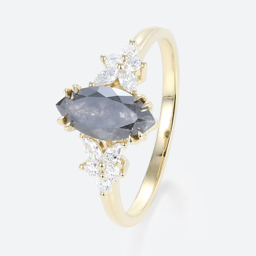 Engagement 1ct Salt And Pepper Diamond Ring Diamond Cluster Ring in Yellow Gold