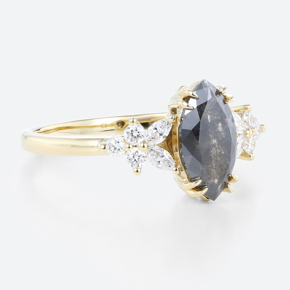 Engagement 1ct Salt And Pepper Diamond Ring Diamond Cluster Ring in Yellow Gold