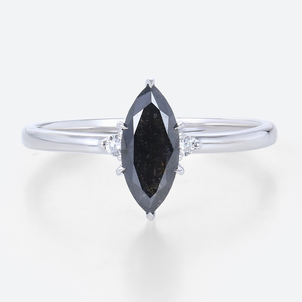 Marquise Cut Salt & Pepper Diamond Ring Three Stone Bridal Ring