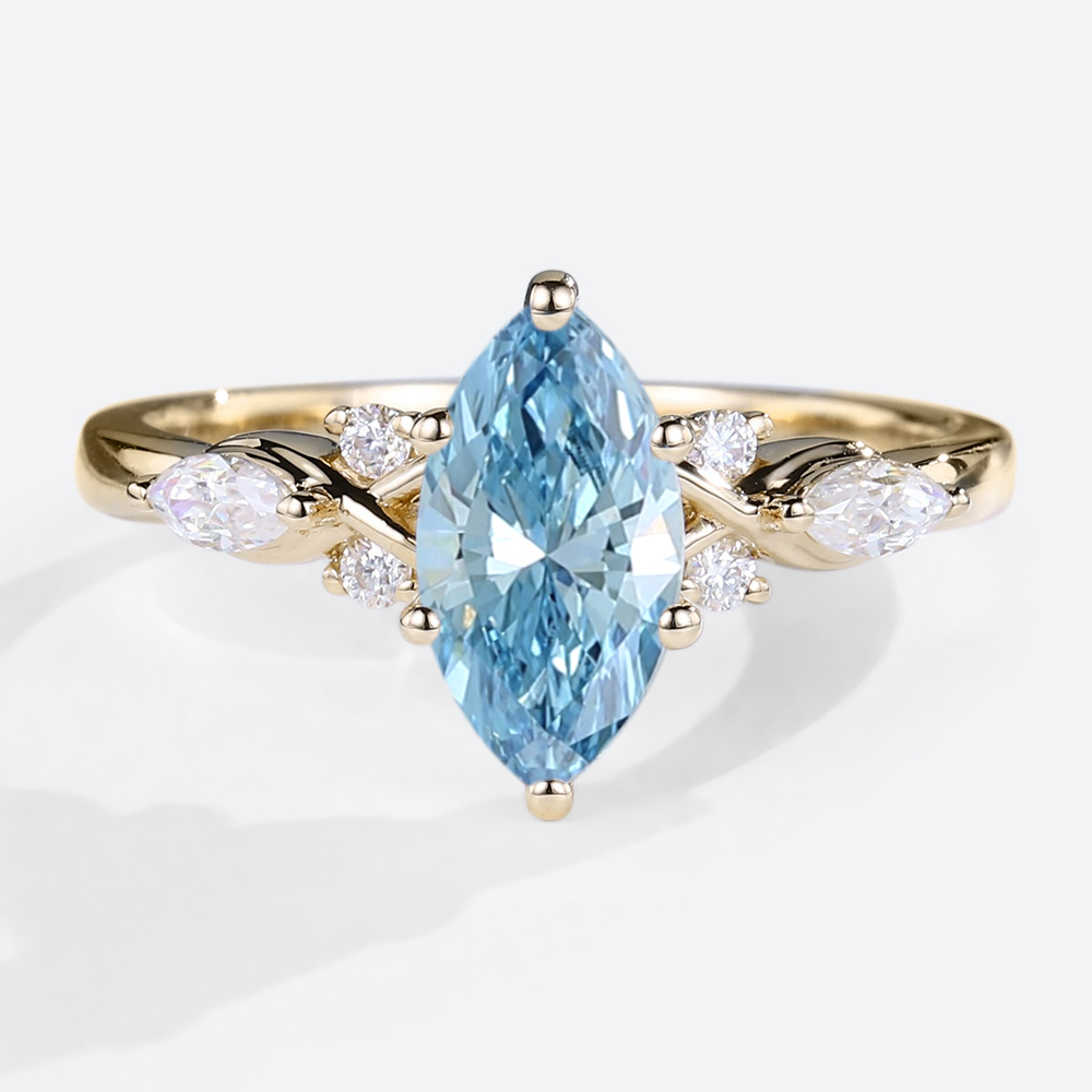 Blue Diamond Lab Marquise Cut Diamond Ring Yellow Gold Ring
