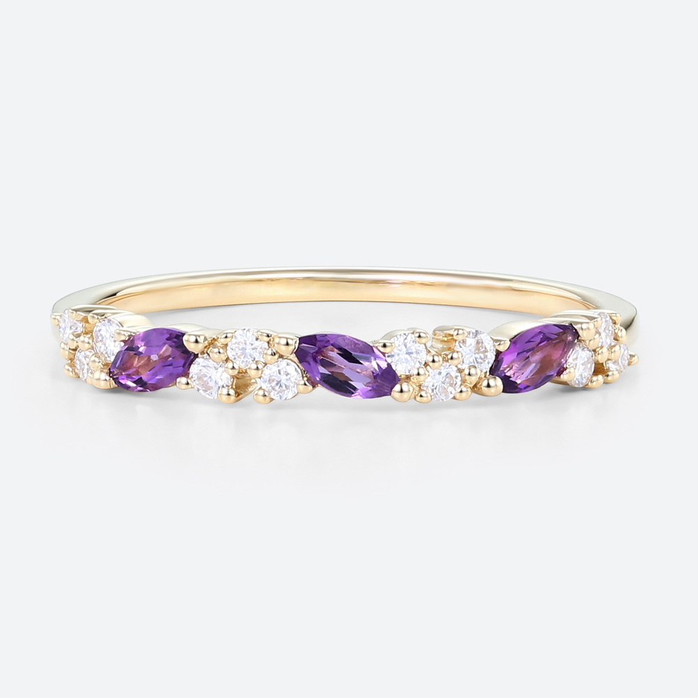 Marquise & Round Cut Amethyst Ring 0.37ct Anniversary Wedding Band in Yellow Gold