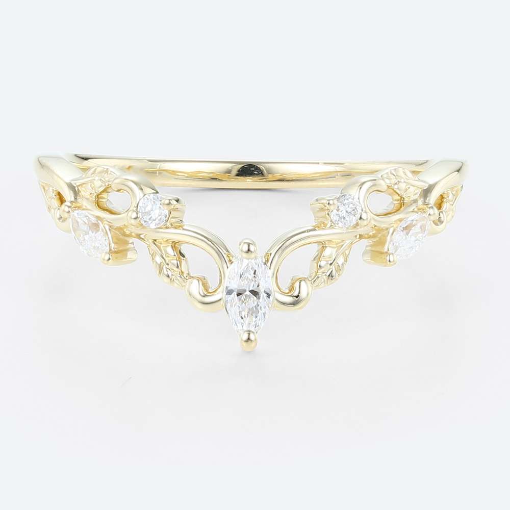 Marquise & Round Cut Lab Diamond Curved Wedding Band Vintage-Inspired Stacking Ring in yellow gold