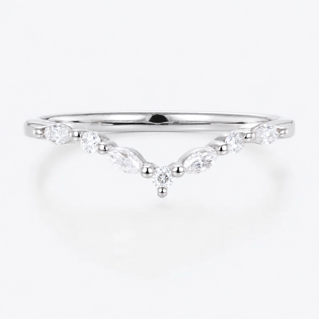 Marquise and Round Cut Lab Grown Diamond V-Shaped Mixed-Cut Wedding Band in Rose Gold
