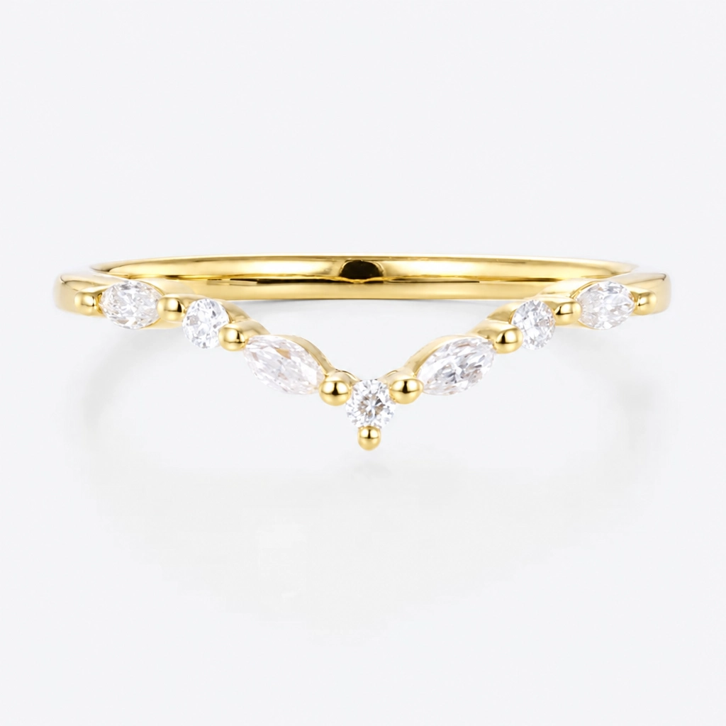 Marquise and Round Cut Lab Grown Diamond V-Shaped Mixed-Cut Wedding Band in Rose Gold