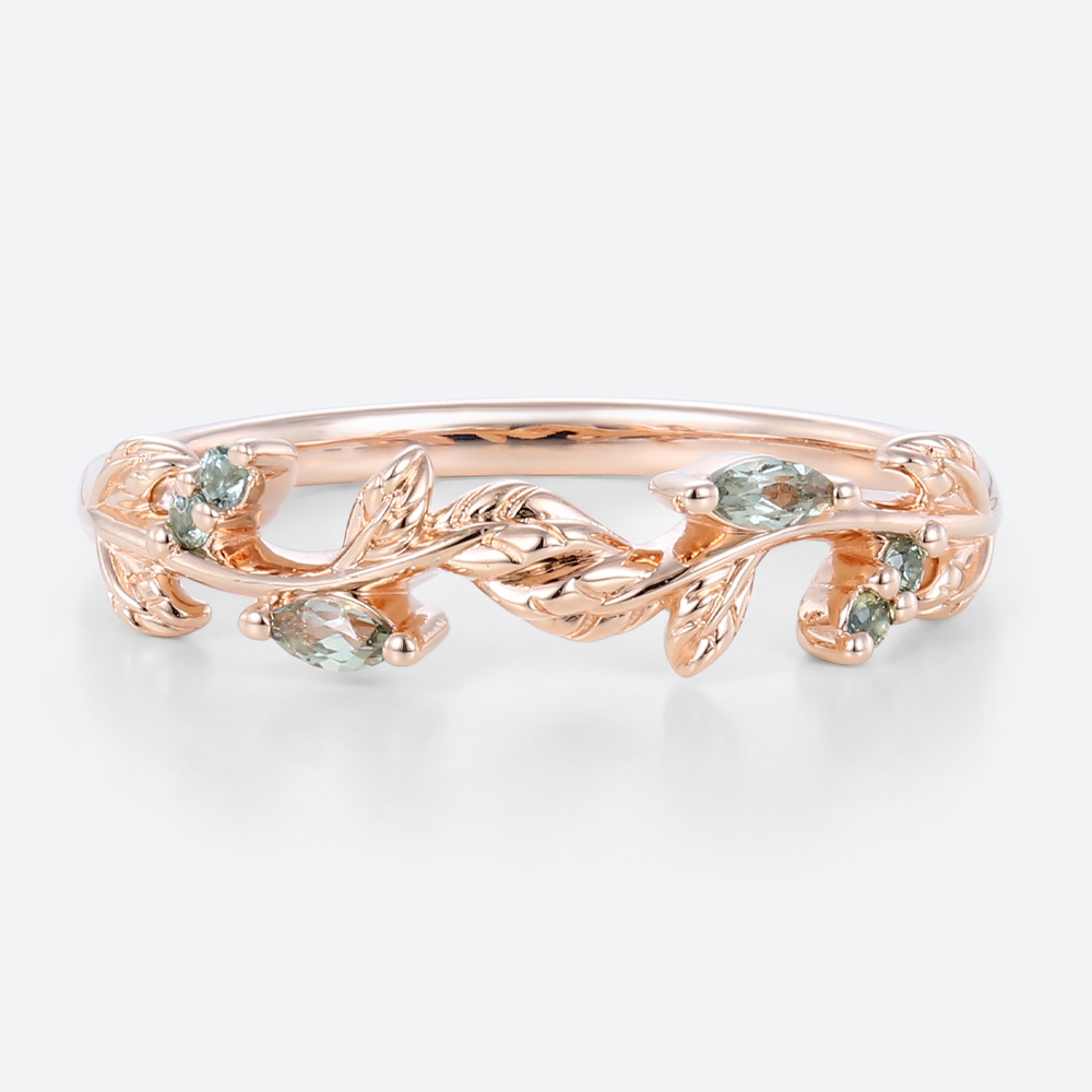 Blue Green Sapphire Rose Gold Ring Nature Inspired Wedding Ring