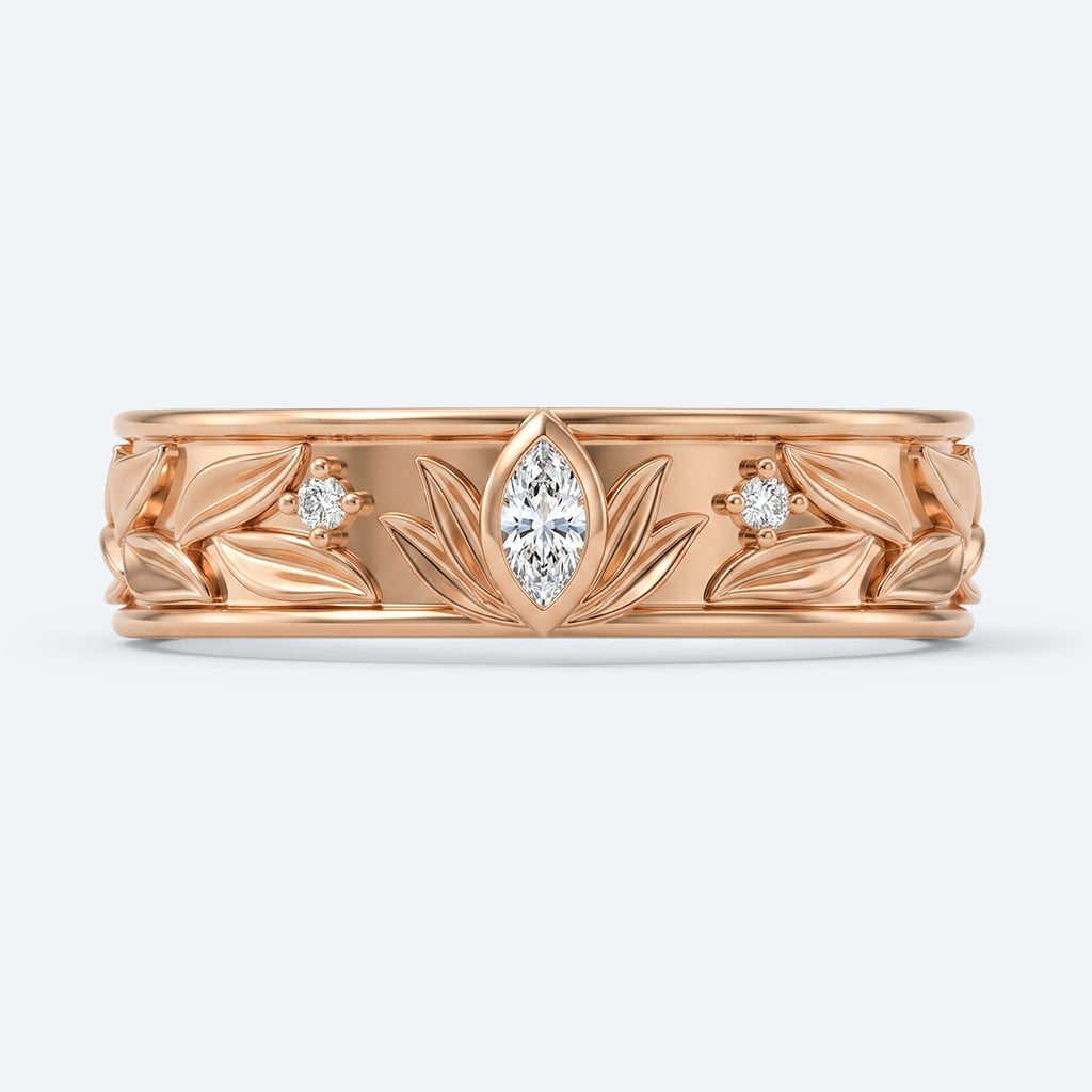 Marquise Wide Band Lab Diamond Ring with Leaf Engraved Design