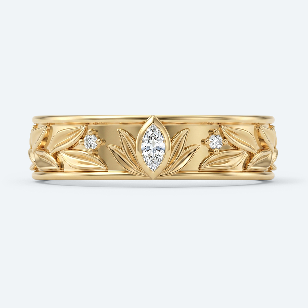 Marquise Wide Band Lab Diamond Ring with Leaf Engraved Design