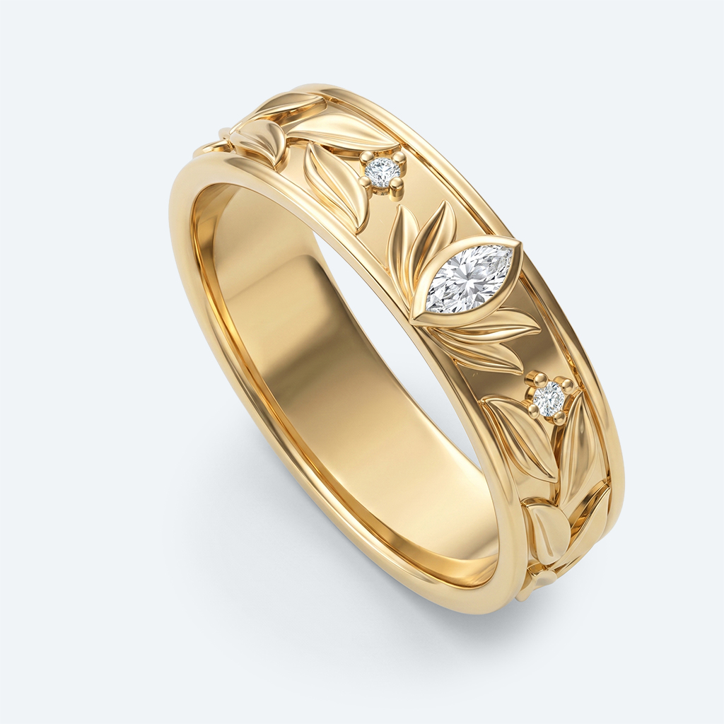 Marquise Wide Band Lab Diamond Ring with Leaf Engraved Design