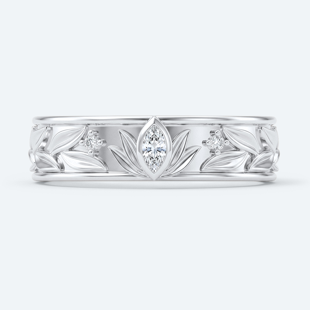Marquise Wide Band Lab Diamond Ring with Leaf Engraved Design