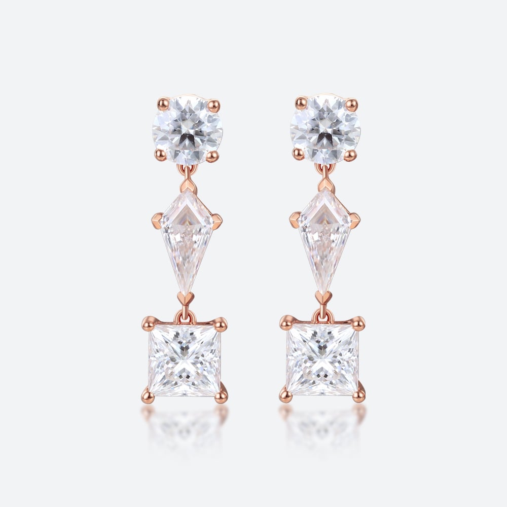 3.2ct Lab Diamond Drop Earrings​ Triple Stone Geometric Drop Earrings in Rose Gold