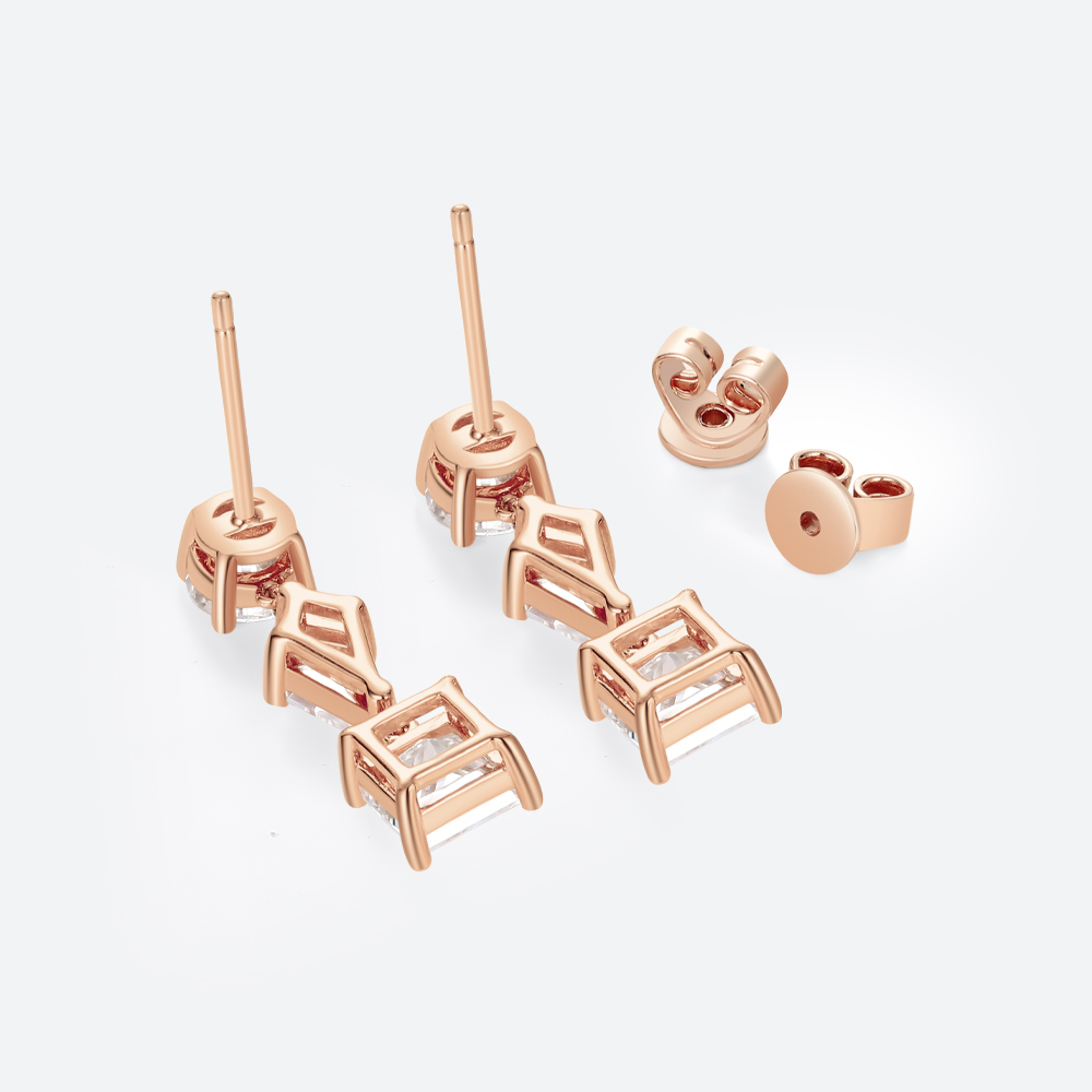 3.2ct Lab Diamond Drop Earrings​ Triple Stone Geometric Drop Earrings in Rose Gold