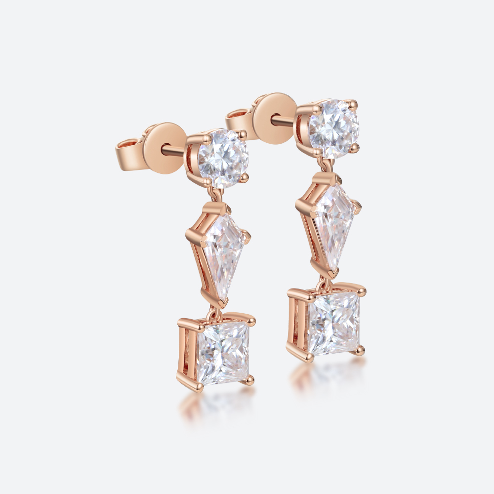3.2ct Lab Diamond Drop Earrings​ Triple Stone Geometric Drop Earrings in Rose Gold