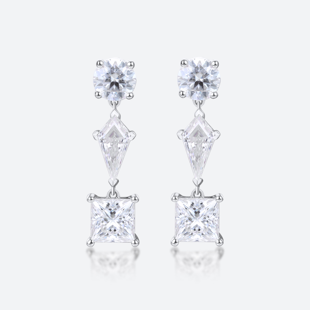 3.2ct Lab Diamond Drop Earrings​ Triple Stone Geometric Drop Earrings in White Gold