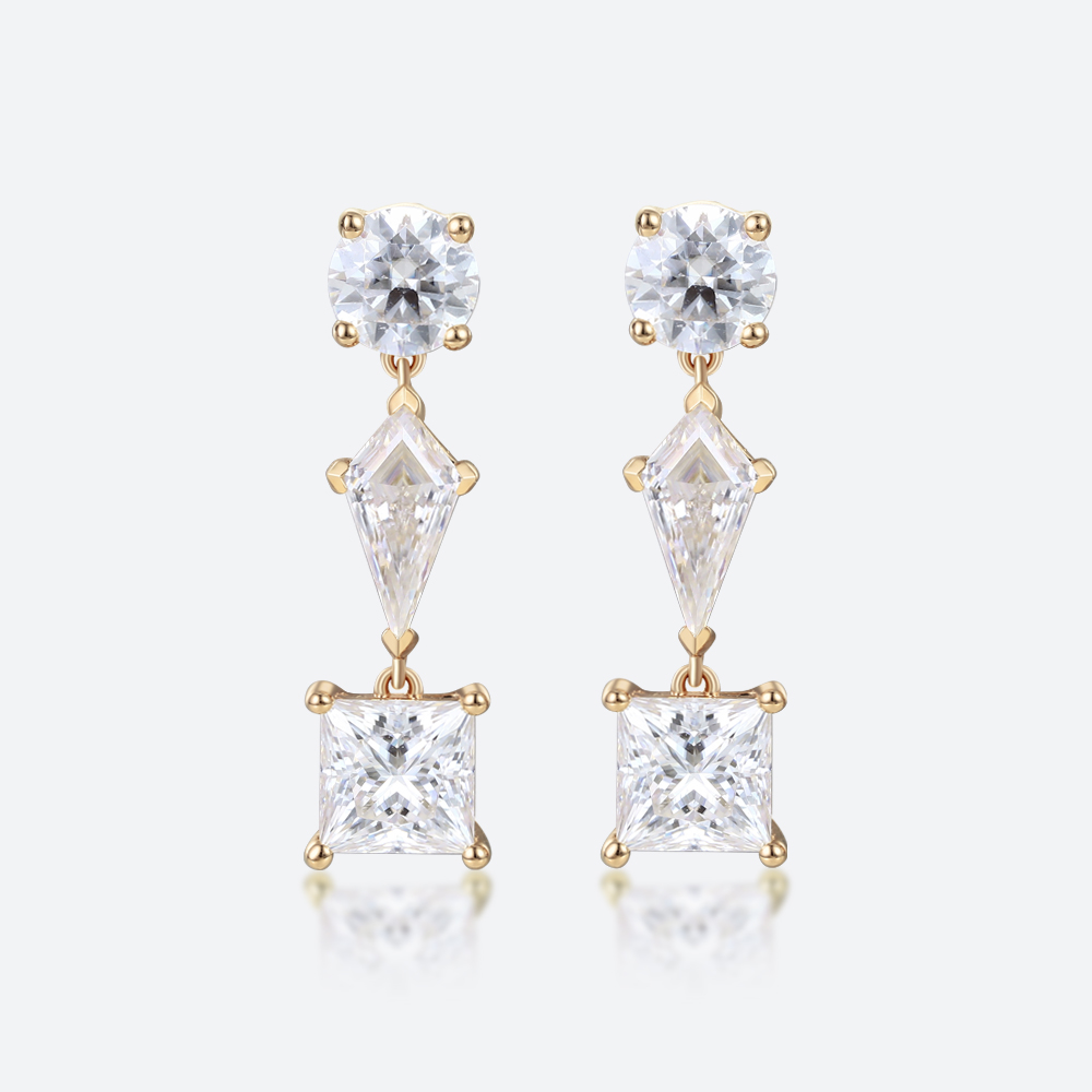 3.2ct Lab Diamond Drop Earrings​ Triple Stone Geometric Drop Earrings in Yellow Gold