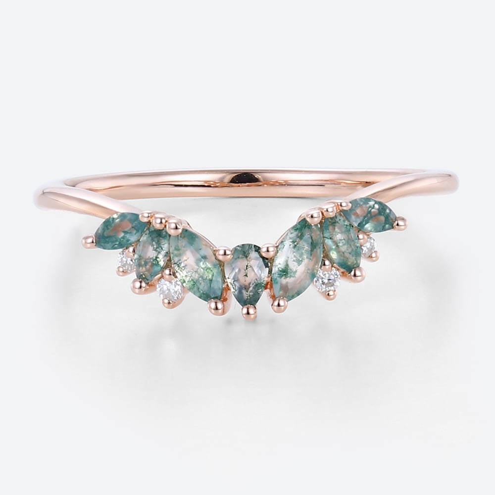 Curved Band Moss Agate Wedding Rings Simple Gold Band Rings