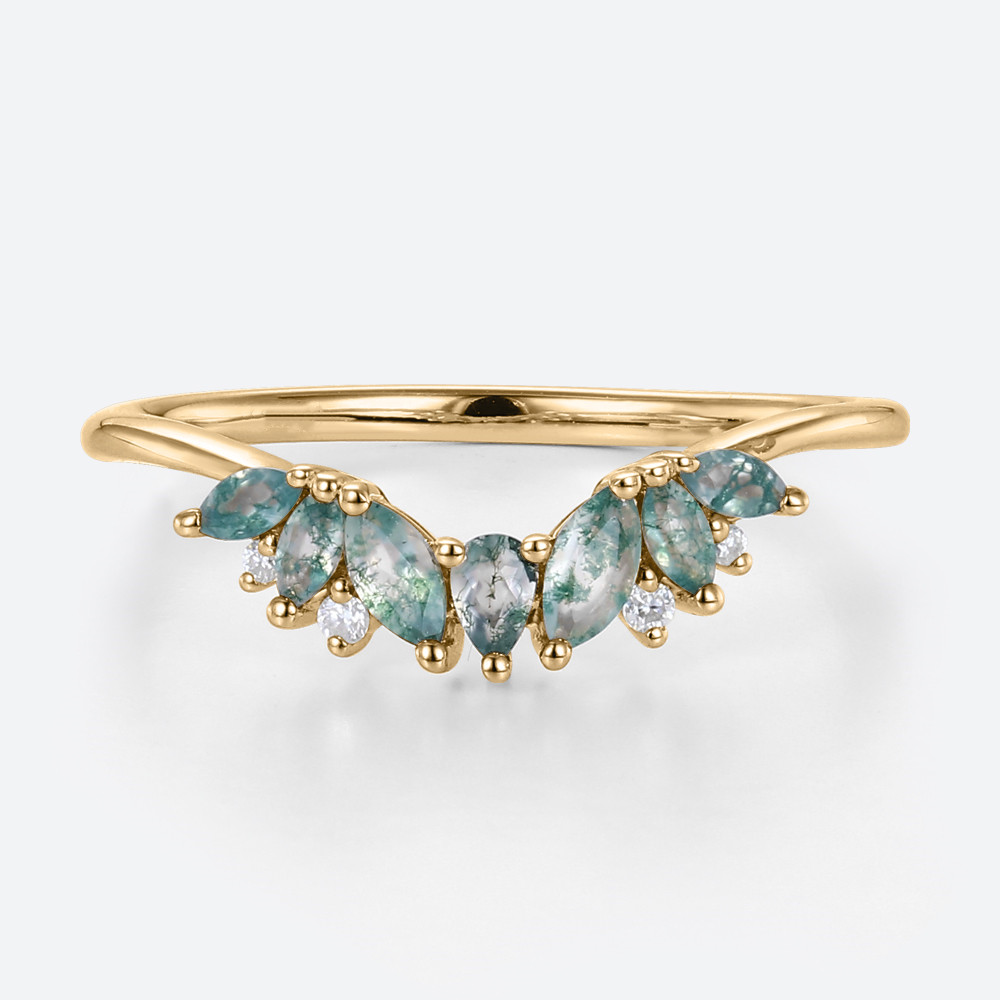 Curved Band Moss Agate Wedding Rings Simple Gold Band Rings