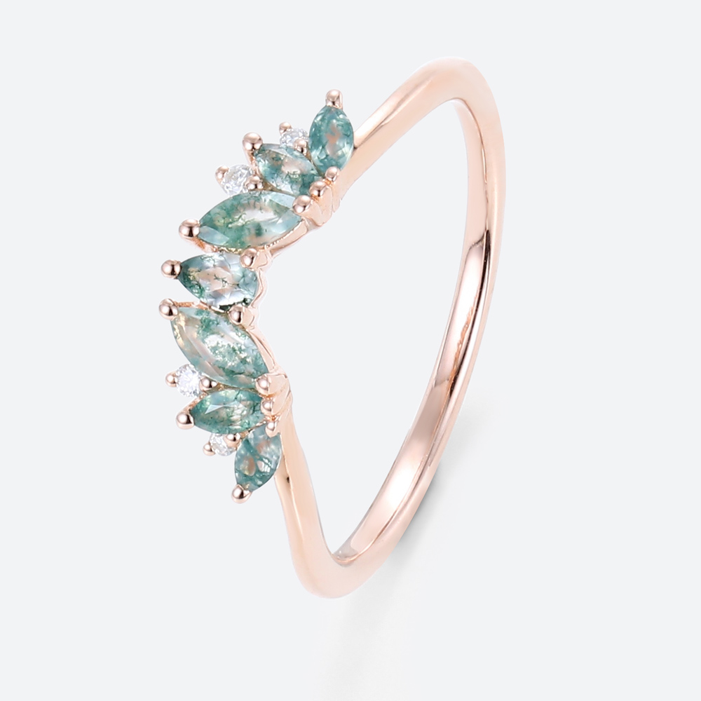 Curved Band Moss Agate Wedding Rings Simple Gold Band Rings