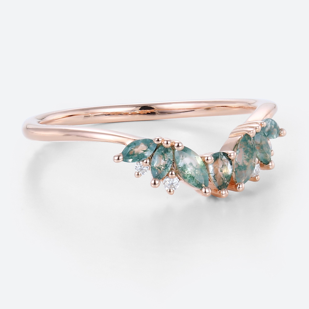 Curved Band Moss Agate Wedding Rings Simple Gold Band Rings