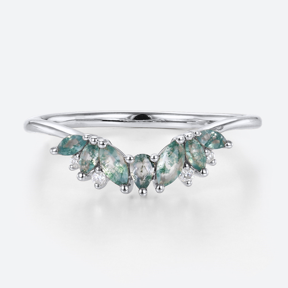 Curved Band Moss Agate Wedding Rings Simple Gold Band Rings