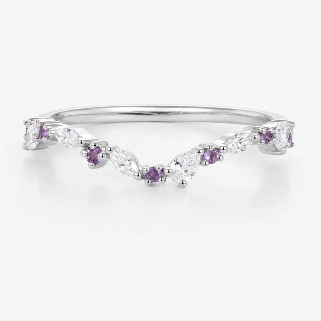 Mixed-Cut Natural Pink Sapphire and Lab Grown Diamond Curved Stacking Wedding Band in Yellow Gold