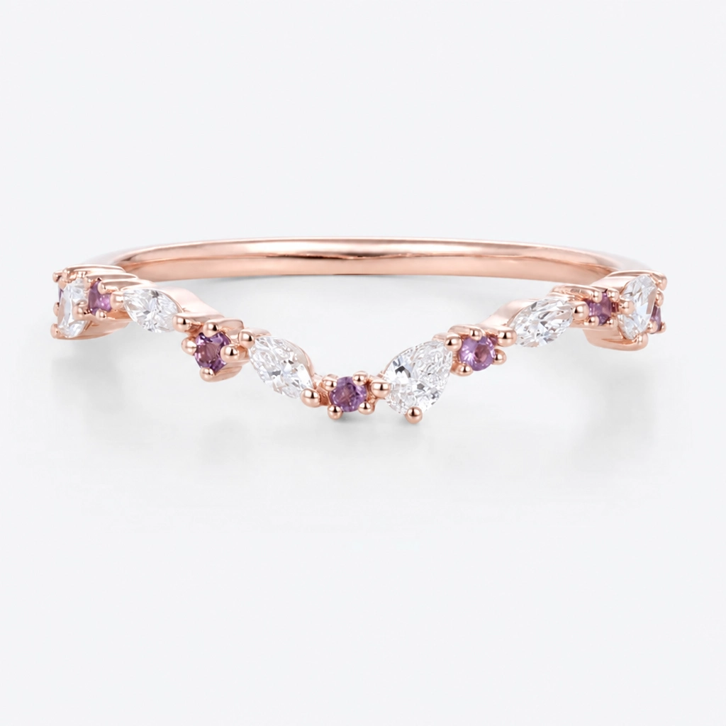 Mixed-Cut Natural Pink Sapphire and Lab Grown Diamond Curved Stacking Wedding Band in Yellow Gold