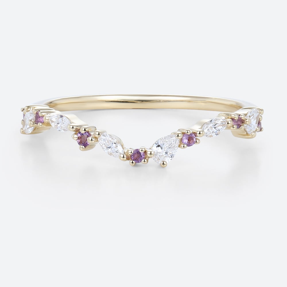 Amethyst and Diamond Ring Yellow Gold Birthstone Stacking Rings