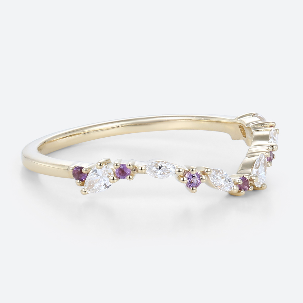 Amethyst and Diamond Ring Yellow Gold Birthstone Stacking Rings