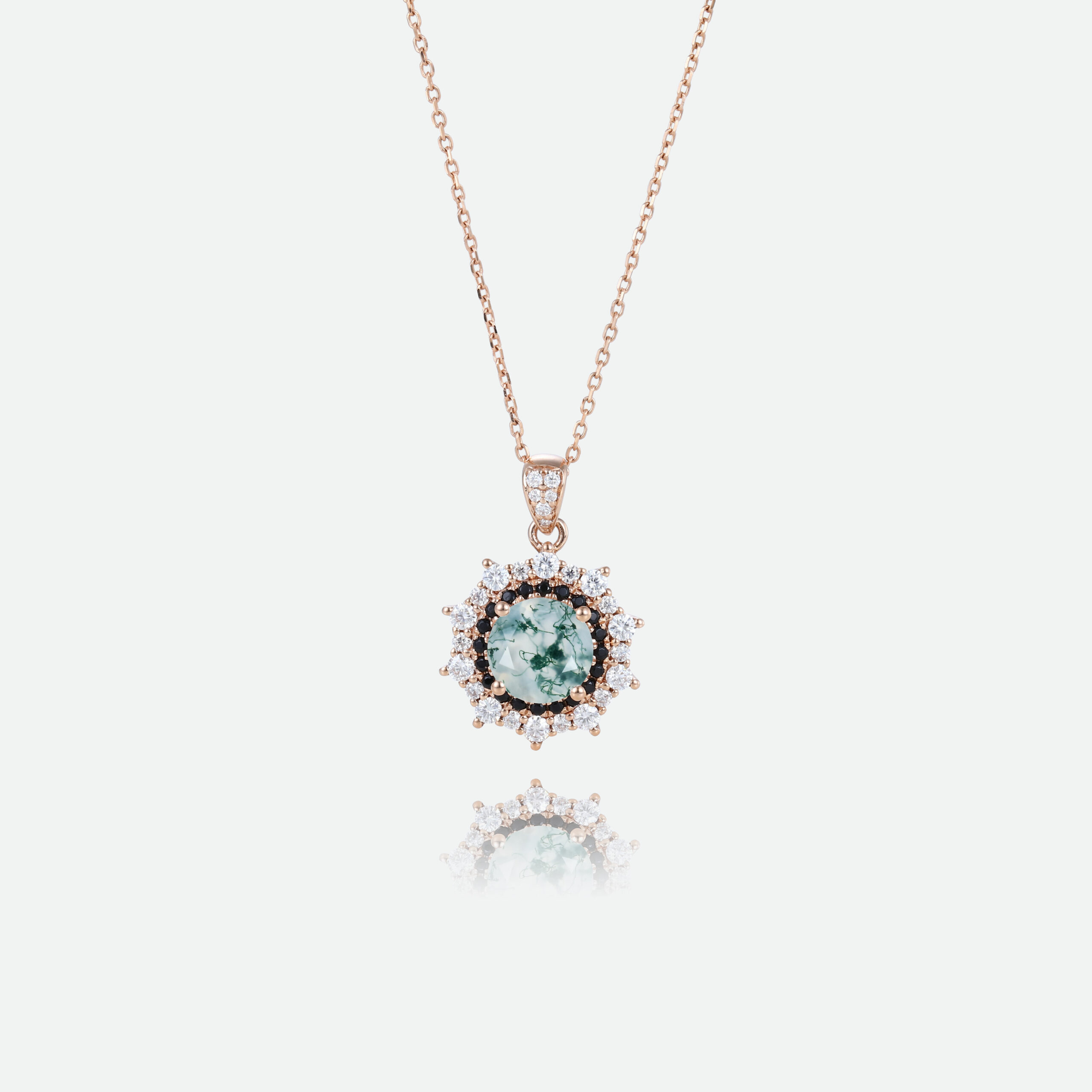 Multicolored Gems Pendant Necklace Round Cut Moss Agate Double Halo Necklace