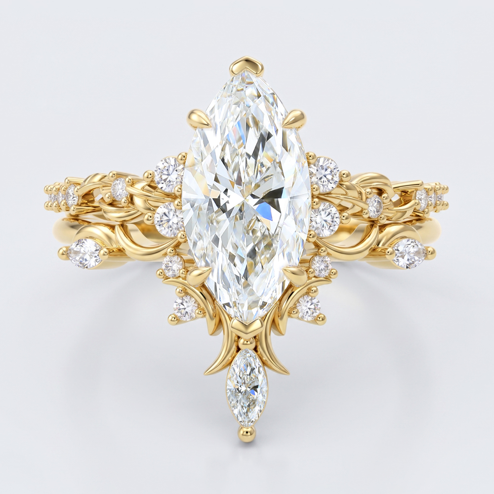 2ct Marquise Cut Lab Grown Diamond Nature-Themed Bridal Ring Set in Yellow Gold